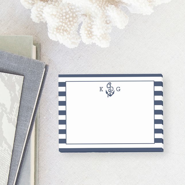 Navy Nautical Preppy Strip & Anchor Monogram Post-it Klebezettel (Von Creator hochgeladen)