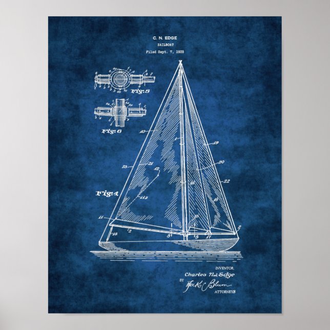 Navy Nautical Wall Decor Sailboat Patent #5 Poster (Vorne)