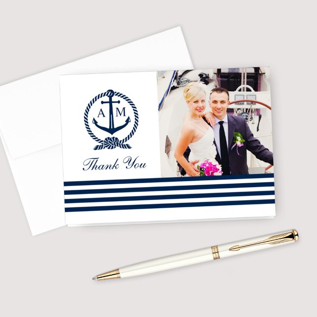 Navy Nautical Wedding Monogram Foto Dankeskarte (Von Creator hochgeladen)