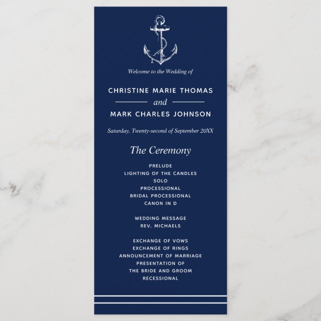 Navy Nautical White Anchor Hochzeit Programm (Vorderseite)