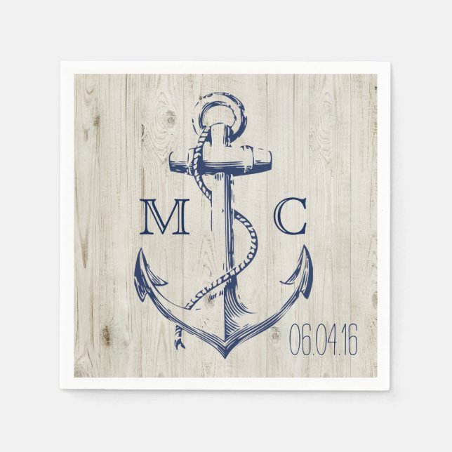 Navy Nautical White Anchor Rustic Wood Monogram Serviette (Vorderseite)