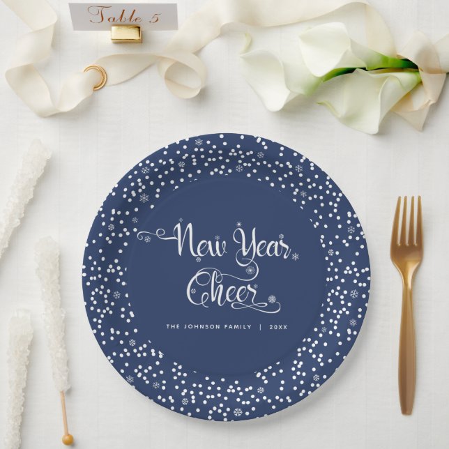 Navy New Year Cheer White Snowflake Script Elegant Pappteller (Hochzeit)