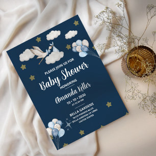 Navy Night Sky Stork Baby Dusche Einladung