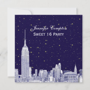 Navy NYC Skyline Ätzung Sternen-DIY-Hintergrund Sw Einladung
