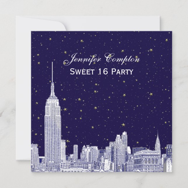Navy NYC Skyline Etch Starry DIY BG Sweet 16 SQ in Einladung (Vorderseite)