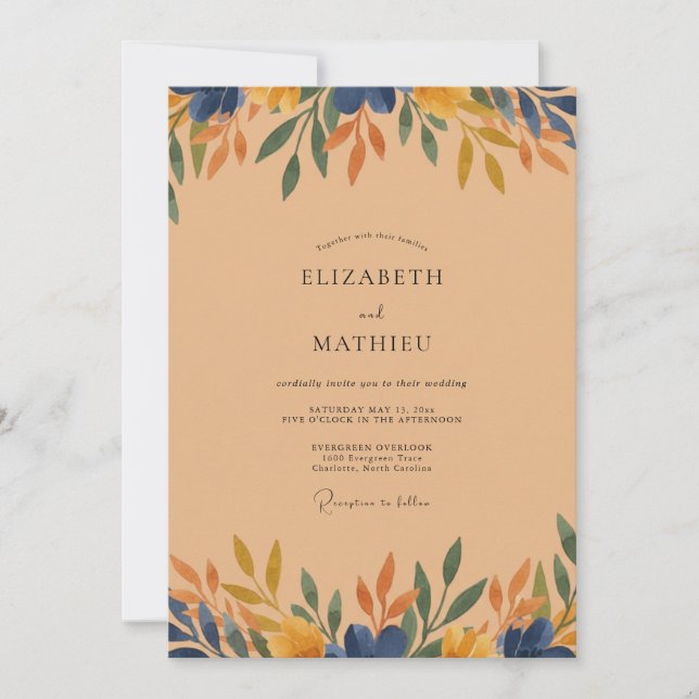 Navy-Ocker-Laub-Eukalyptus-Hochzeit Einladung (Vorderseite)