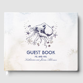 Navy Octopus Beach Wasserfarben Schöne Hochzeit Gästebuch
