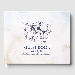Navy Octopus Beach Wasserfarben Schöne Hochzeit Gästebuch
