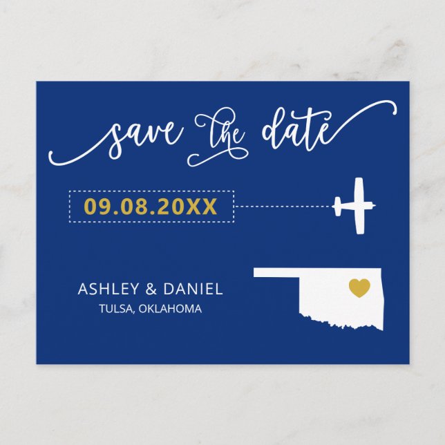 Navy Oklahoma Wedding Save the Date Map Postcard Postkarte (Vorderseite)