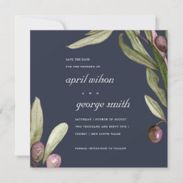 NAVY OLIVE WATERCOLOR FOLIAGE SAVE THE DATE CARD DANKESKARTE