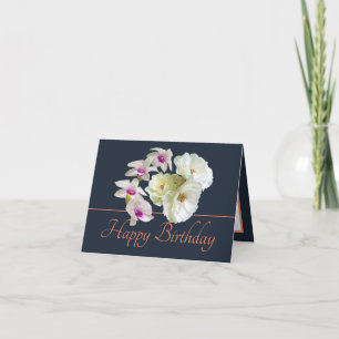 Navy Orange Bouquet White Roses & Orchids Geburtst Karte