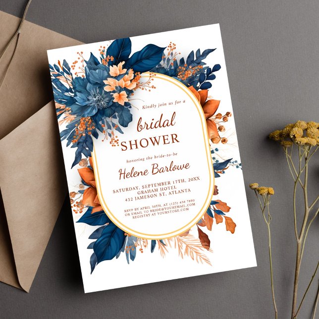 Navy Orange Modernes Elegantes Brautparty Einladung (Navy Orange Modern Elegant Floral Bridal Shower Invitation)