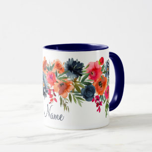 Navy Orange Rustica Rose Floral Name Tasse