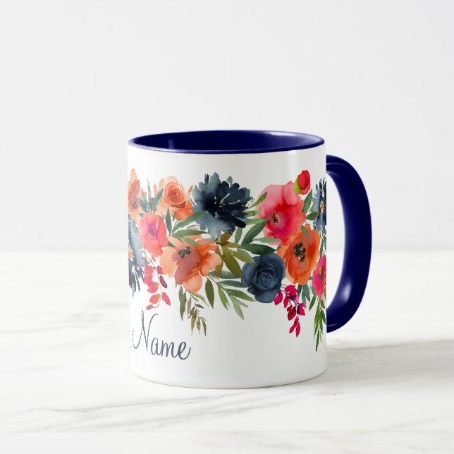 Navy Orange Rustica Rose Floral Name Tasse (VorderseiteRechts)