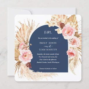 Navy Pampas Grass Modern Boho Floral Square  Einladung