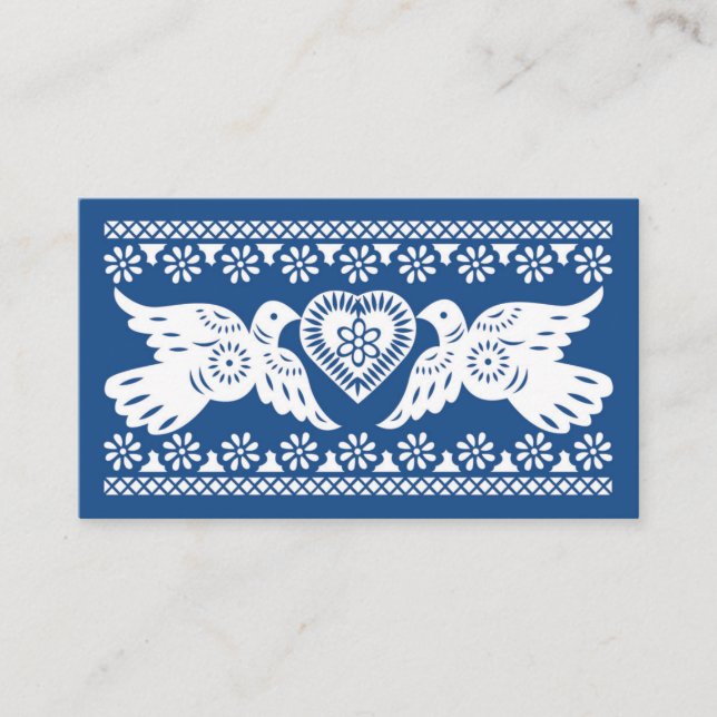Navy Papel Picado Lovebirds Platzkarte (Vorderseite)