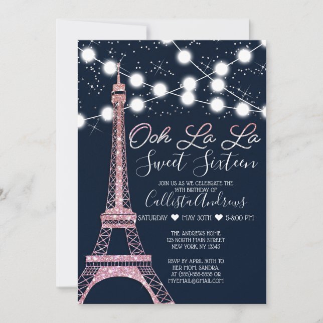 Navy Paris Eiffel Tower Glitzer Lights Sweet 16 Einladung (Vorderseite)