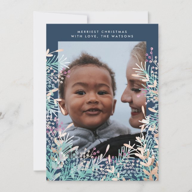 Navy Pastel Berries Weihnachtsfotokarte Feiertagskarte (Vorderseite)