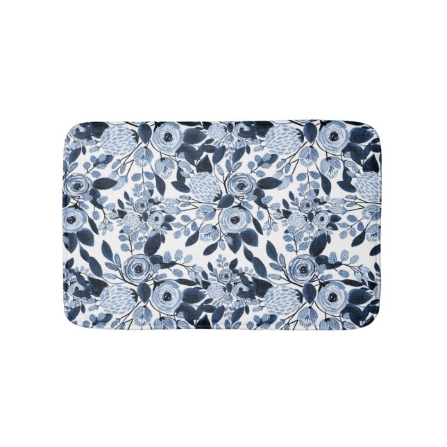 Navy Pastel Blue Watercolor Blumenmuster Badematte (Vorderseite)