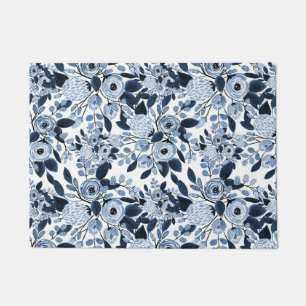 Navy Pastel Blue Watercolor Blumenmuster Fußmatte