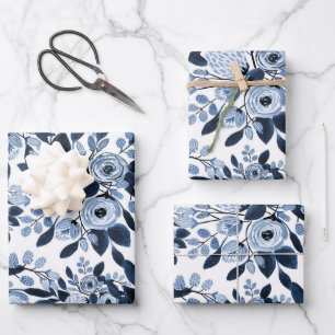 Navy Pastel Blue Watercolor Blumenmuster Geschenkpapier Set