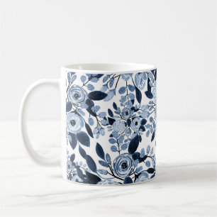 Navy Pastel Blue Watercolor Blumenmuster Kaffeetasse
