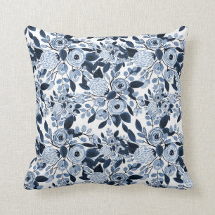 Navy Pastel Blue Watercolor Blumenmuster Kissen