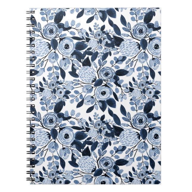 Navy Pastel Blue Watercolor Blumenmuster Notizblock (Vorderseite)