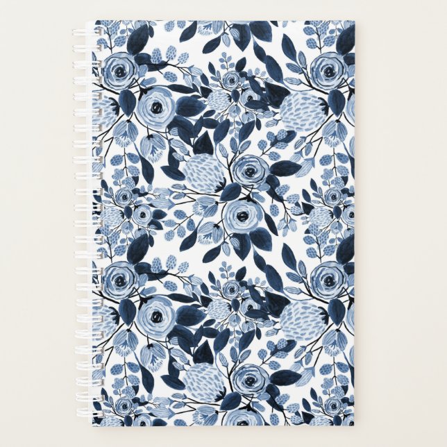 Navy Pastel Blue Watercolor Blumenmuster Planer (Vorderseite)