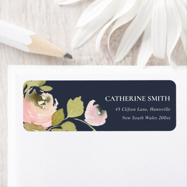 NAVY PASTEL BLUSH ROSE WATERCOLOR FLORAL ADRESSE (Insitu)