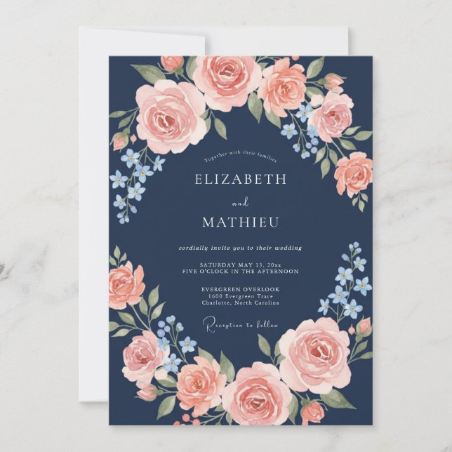 Navy Peach Blossom Bogenhochzeit Einladung (Vorderseite)