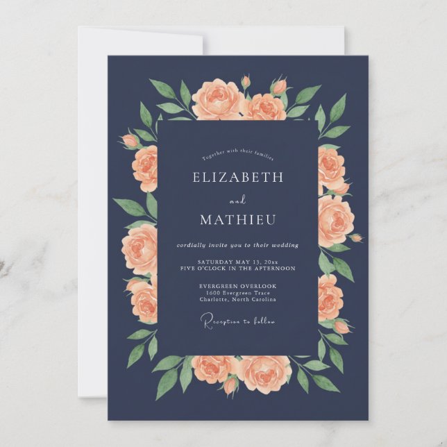 Navy Peach Blossom Hochzeit Einladung (Vorderseite)