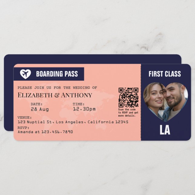 Navy & Peach Boarding Pass Wedding Einladung (Vorne/Hinten)