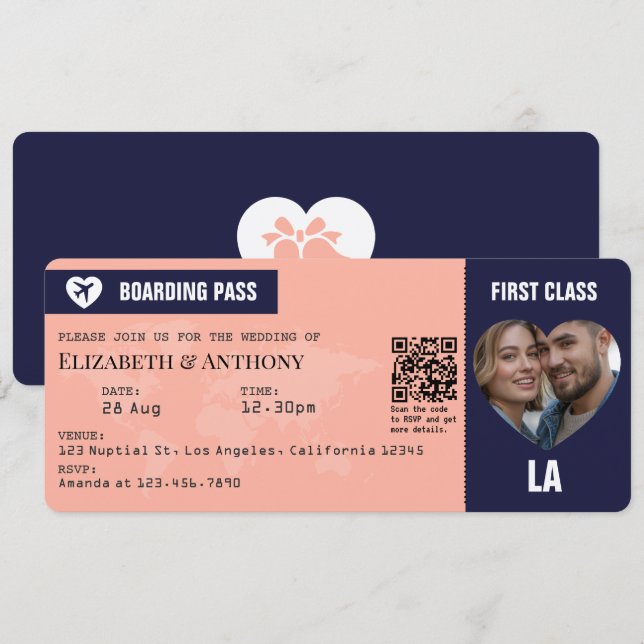 Navy & Peach Bordkarte Hochzeitseinladung Einladung (Vorne/Hinten)