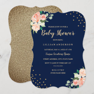 Navy Peach Gold Blumen Konfetti Baby Shower Einladung