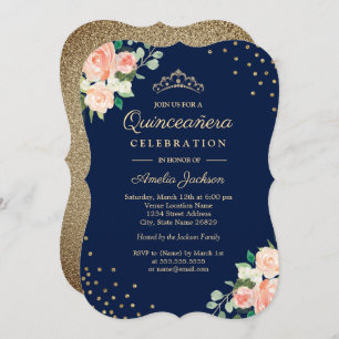 Navy Peach Gold Floral Confetti Quinceanera Einladung