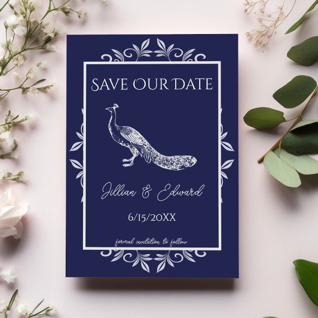 Navy Peacock Blühte Ankündigung Datum freihalten (Navy Blue Peacock Flourish Save the Date)