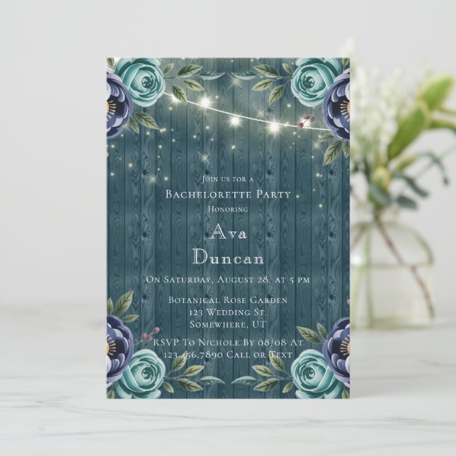 Navy Peonics und Türkis Rose Junggeselinnen-Abschi Einladung (Stehend Vorderseite)