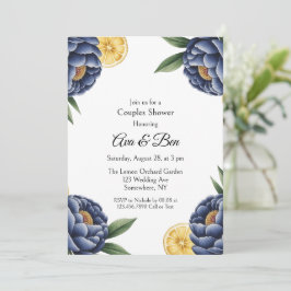 Navy Peony Citrus Painted Floral Couples Dusche Einladung