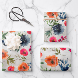 Navy Peony Pink Orange Poppy Garden Geschenkpapier Set