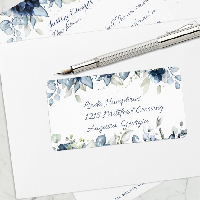 Navy Peony Silver Dusty Blue Eucalyptus Mailing Adressaufkleber (Von Creator hochgeladen)