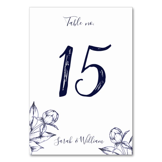 Navy Peony Simple Tischnummer Card (Vorderseite)