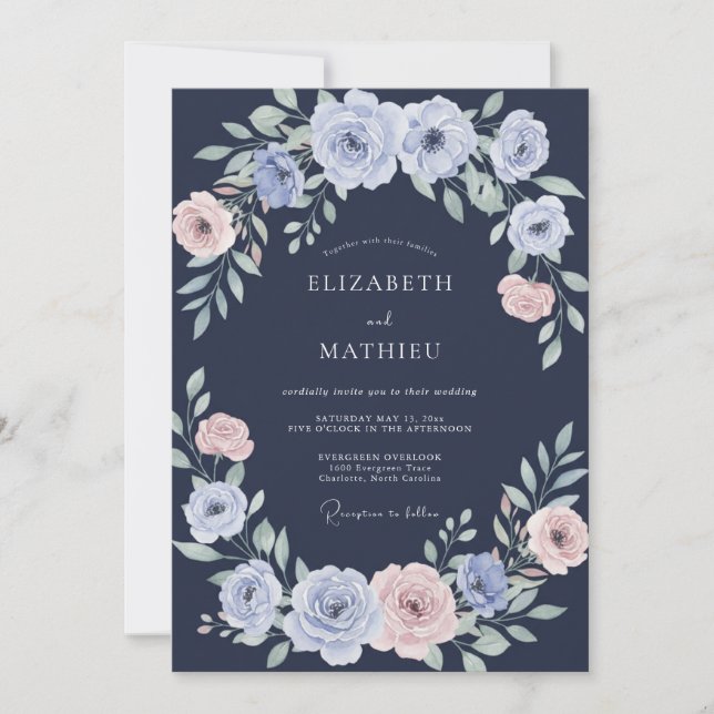 Navy Periwinkle Ranunculus Eukalyptus Hochzeit Einladung (Vorderseite)