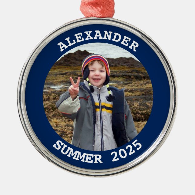 Navy Personalisiert Round Family Foto Ornament Aus Metall (Vorne)