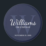 Navy Personalized Script Groomsmen Name&Monogram Magnet<br><div class="desc">Add a personal touch to your wedding with personalized groomsmen magnet. This magnet features personalized groomsman's name in white classic script font style with wedding details in white classic serif font style and monogram in light navy blue classic serif font style as background, on navy blue background. Also perfect for...</div>