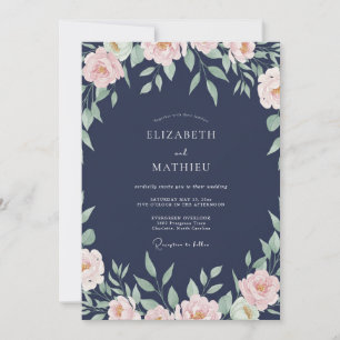 Navy-Pfirsich-Ranunculus-Eukalyptus-Hochzeit Einladung