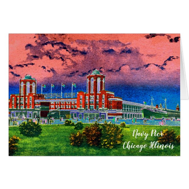 Navy Pier Chicago 1920's Watercolor Art Windy City (Vorderseite (Horizontal))