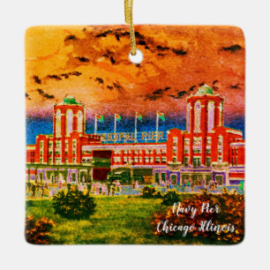 Navy Pier Chicago 1920's Watercolor Art Windy City Keramikornament