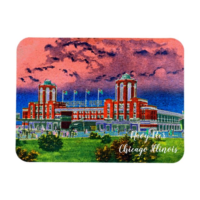 Navy Pier Chicago 1920's Watercolor Art Windy City Magnet (Horizontal)