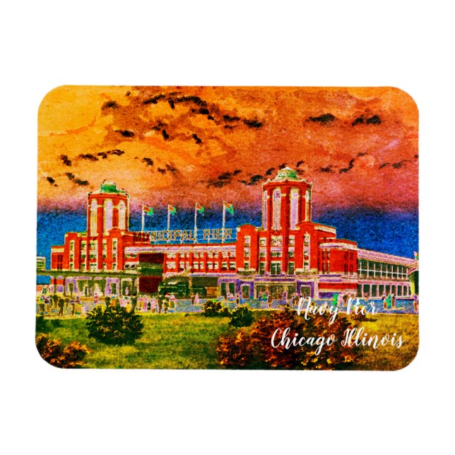 Navy Pier Chicago 1920's Watercolor Art Windy City Magnet (Horizontal)